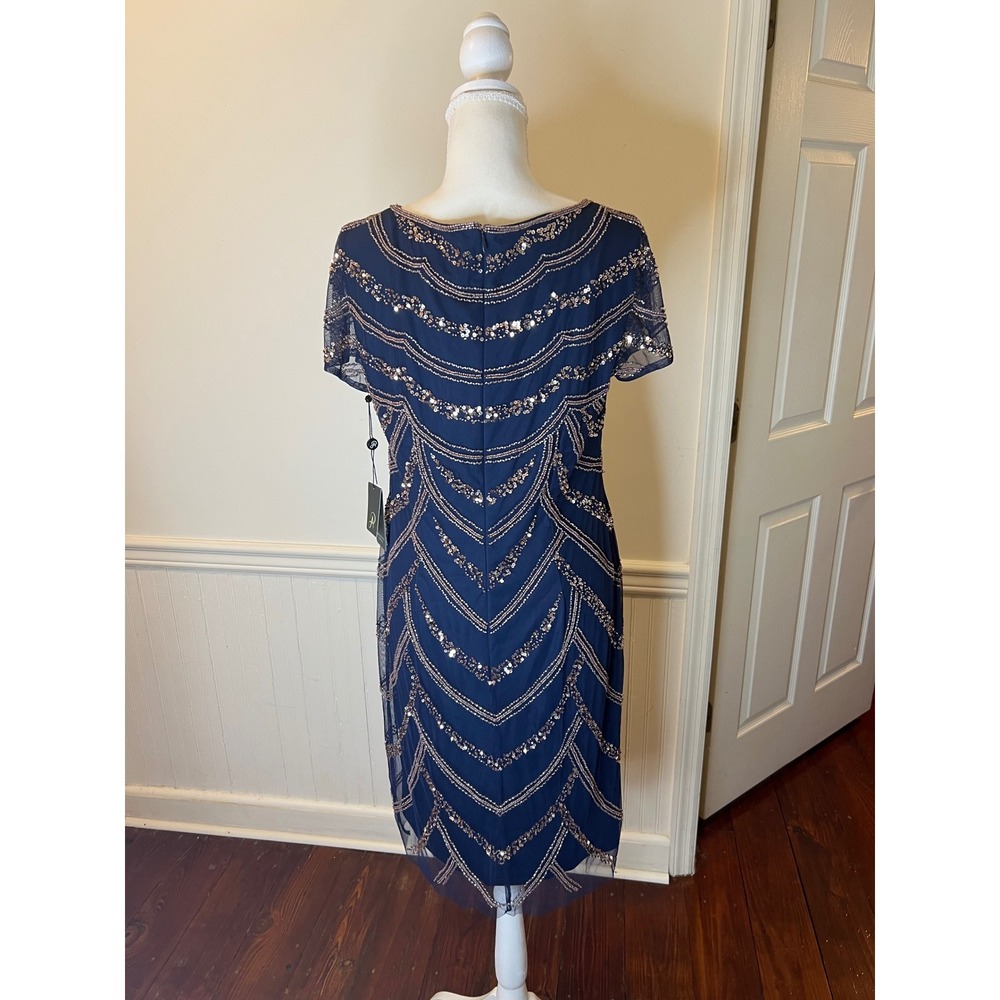 Adrianna Papell Navy Blue Sequin Beaded Art Deco Sheath Cocktail Dress NEW 10 - Picture 10 of 16